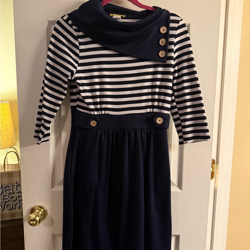 Navy and White Striped Dress with Button Accents